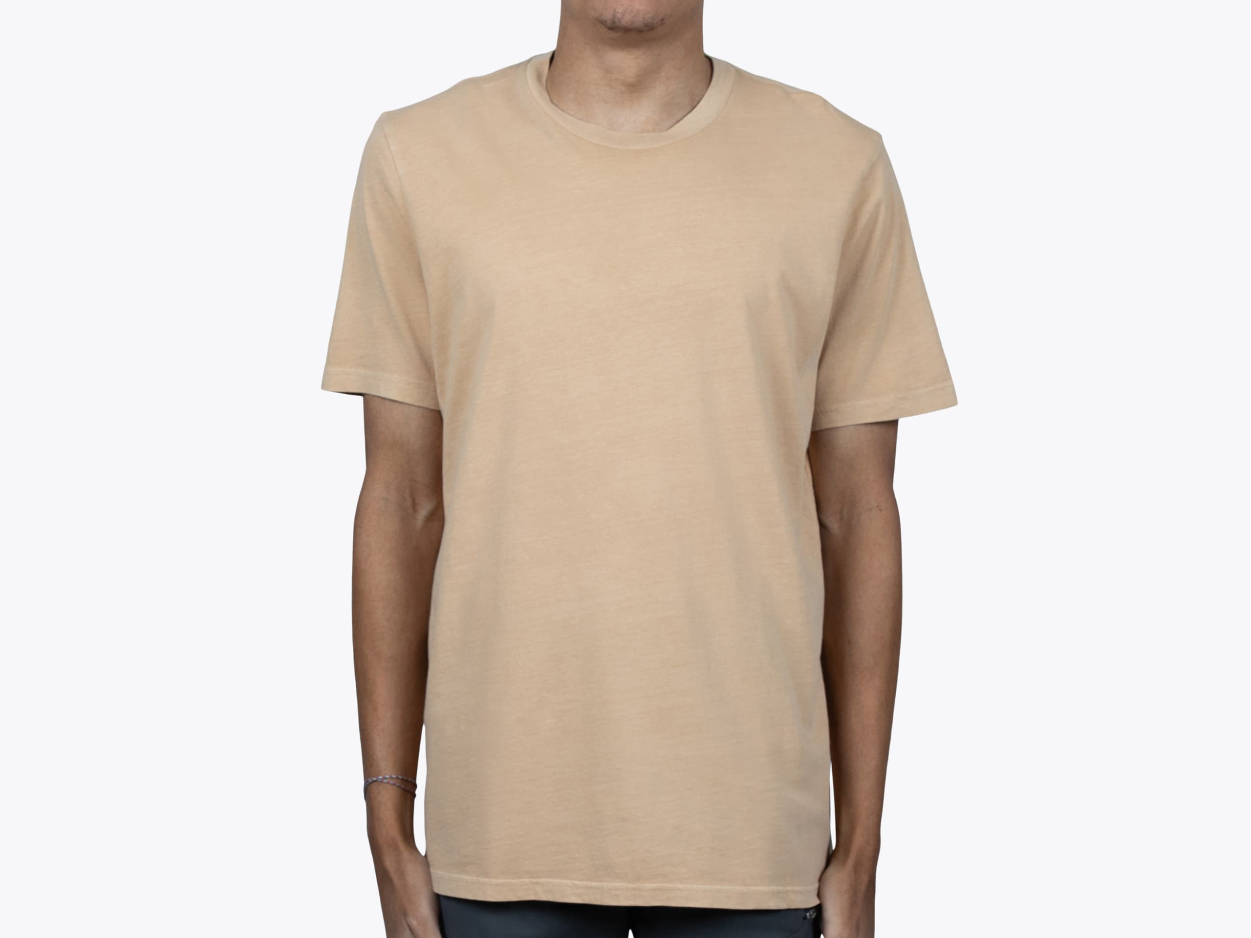 Allmade AL2400 Unisex Mineral Dye Organic Cotton Tee in Golden Wheat (model:male, size:medium, view:front)