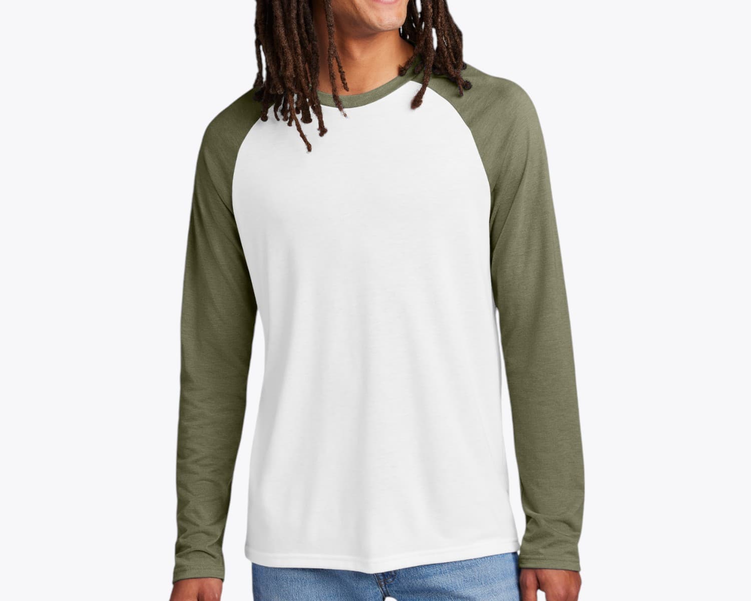 Allmade AL6009 Tri-Blend Long Sleeve Colorblock Raglan in Olive You Green/Bright White (size:medium, view:front)
