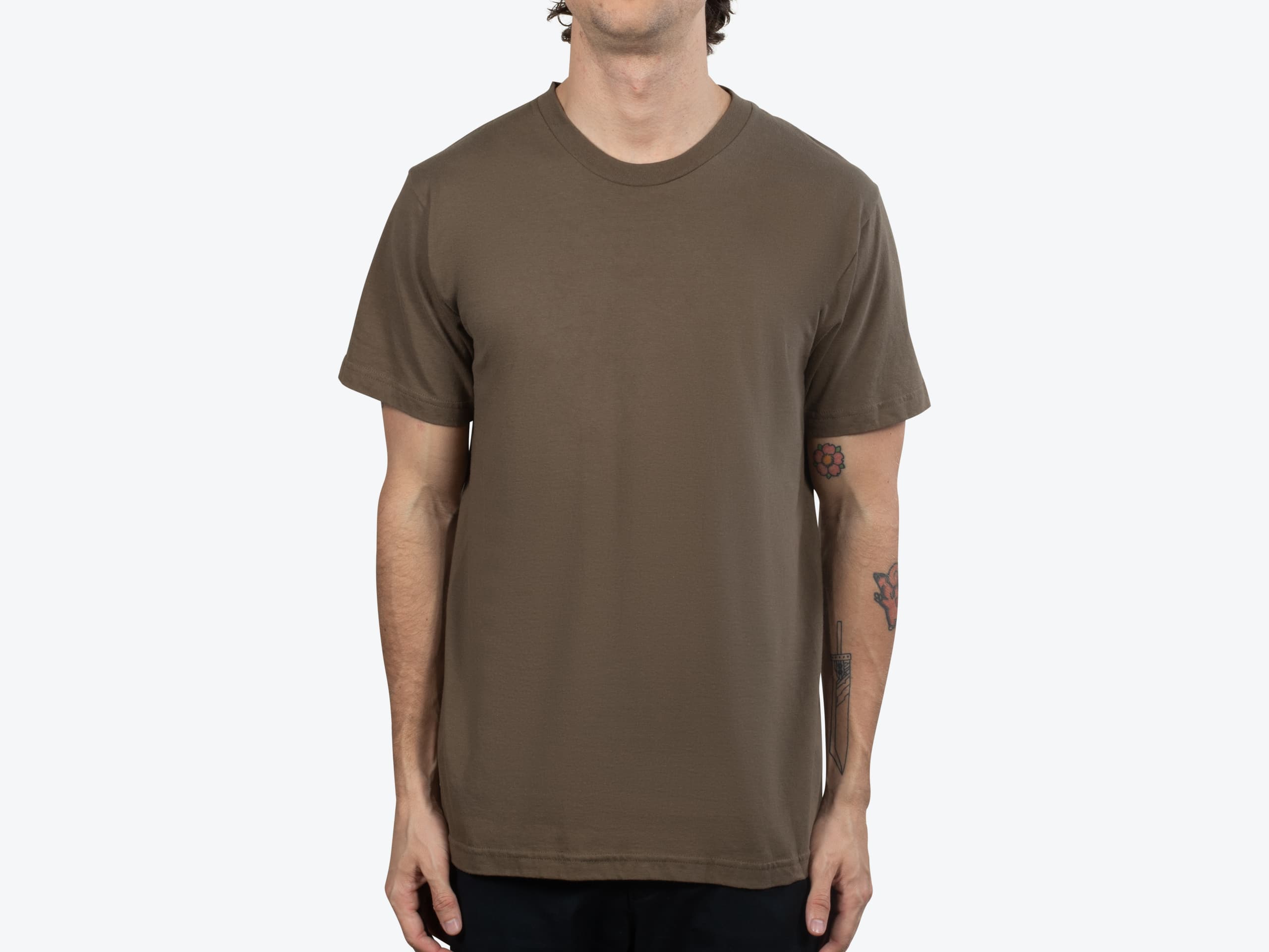 American Apparel 2001 Fine Jersey Crewneck T-Shirt in Army (model:male, size:medium, view:front)