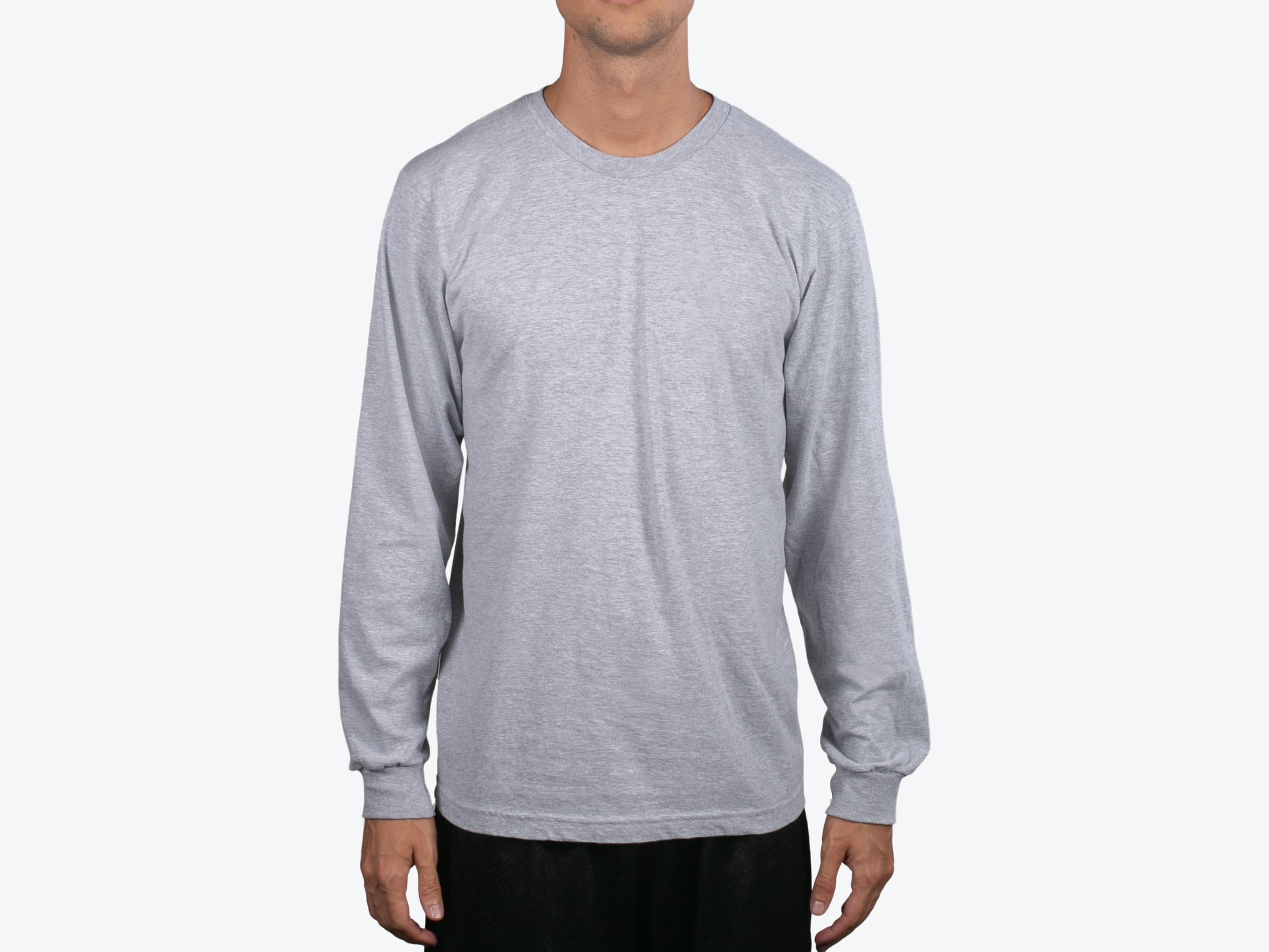 American Apparel 2007 Fine Jersey USA Made Long Sleeve T-Shirt in Heather Grey (model:male, size:medium, view:front)