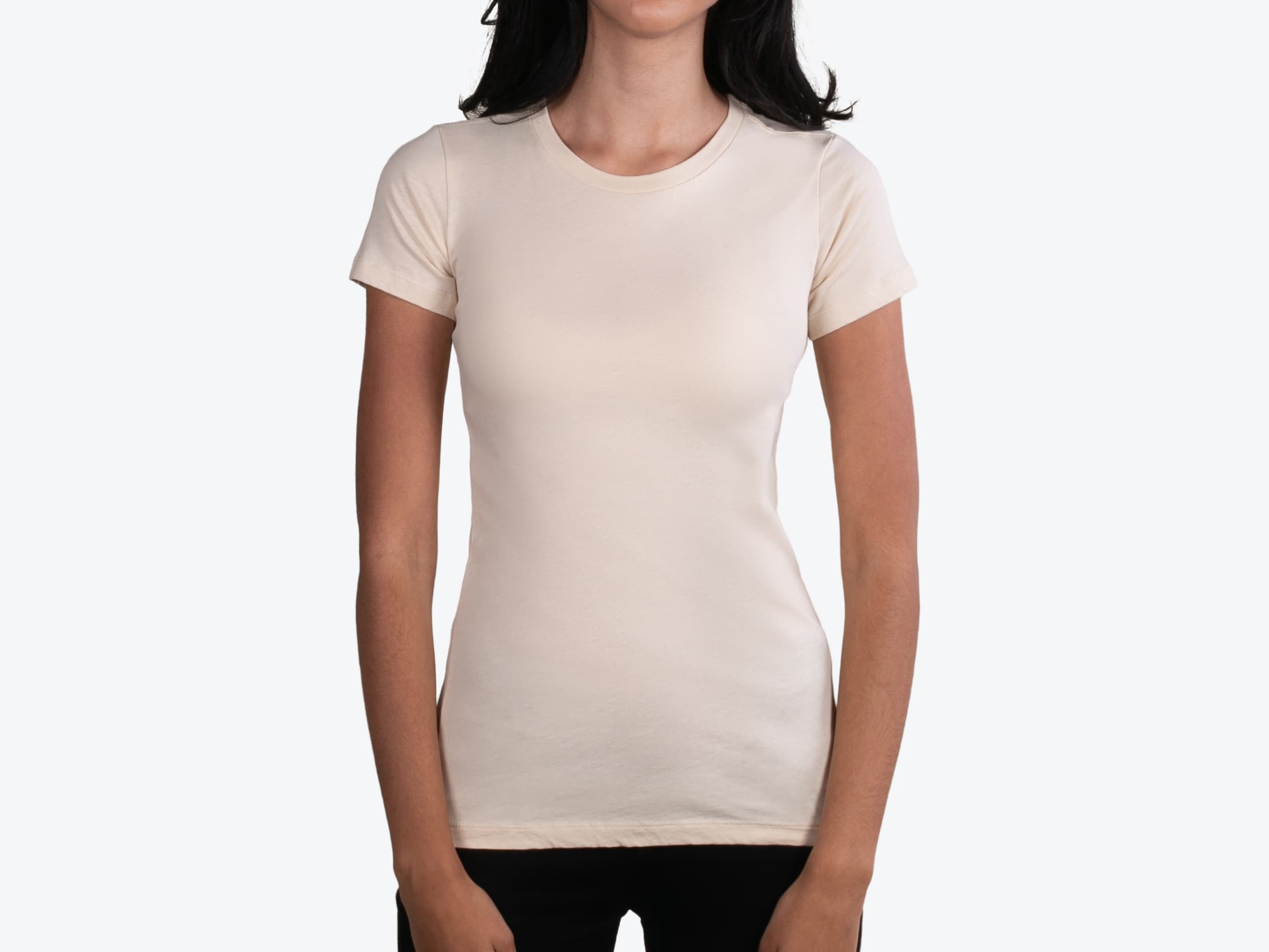 Bella+Canvas 6004 Women’s Slim Fit Tee in Soft Cream (model:female, size:small, view:front)