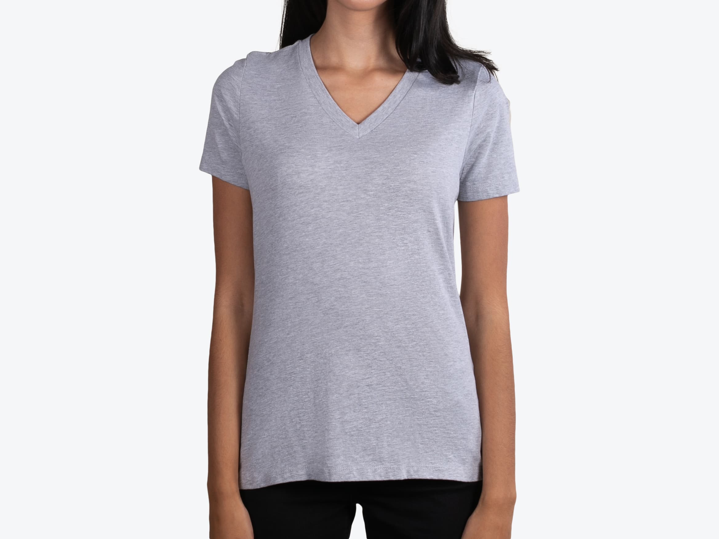 Bella+Canvas 6405CVC Women's Relaxed Heather CVC Short Sleeve V-Neck in Athletic Heather (model:female, size:small, view:front)