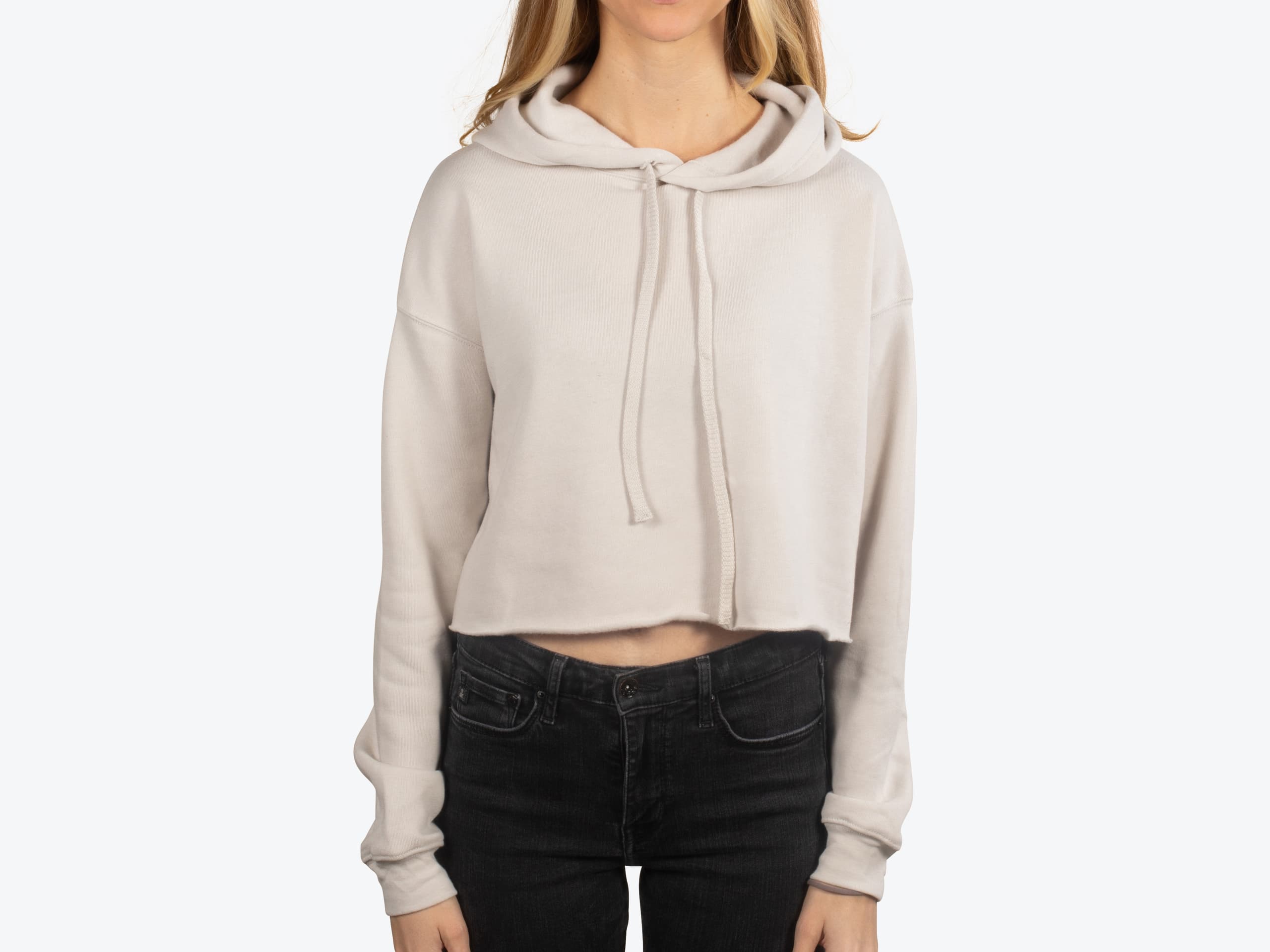 Bella+Canvas 7502 Women's Cropped Fleece Hoodie in Heather Dust (model:female, size:small, view:front)