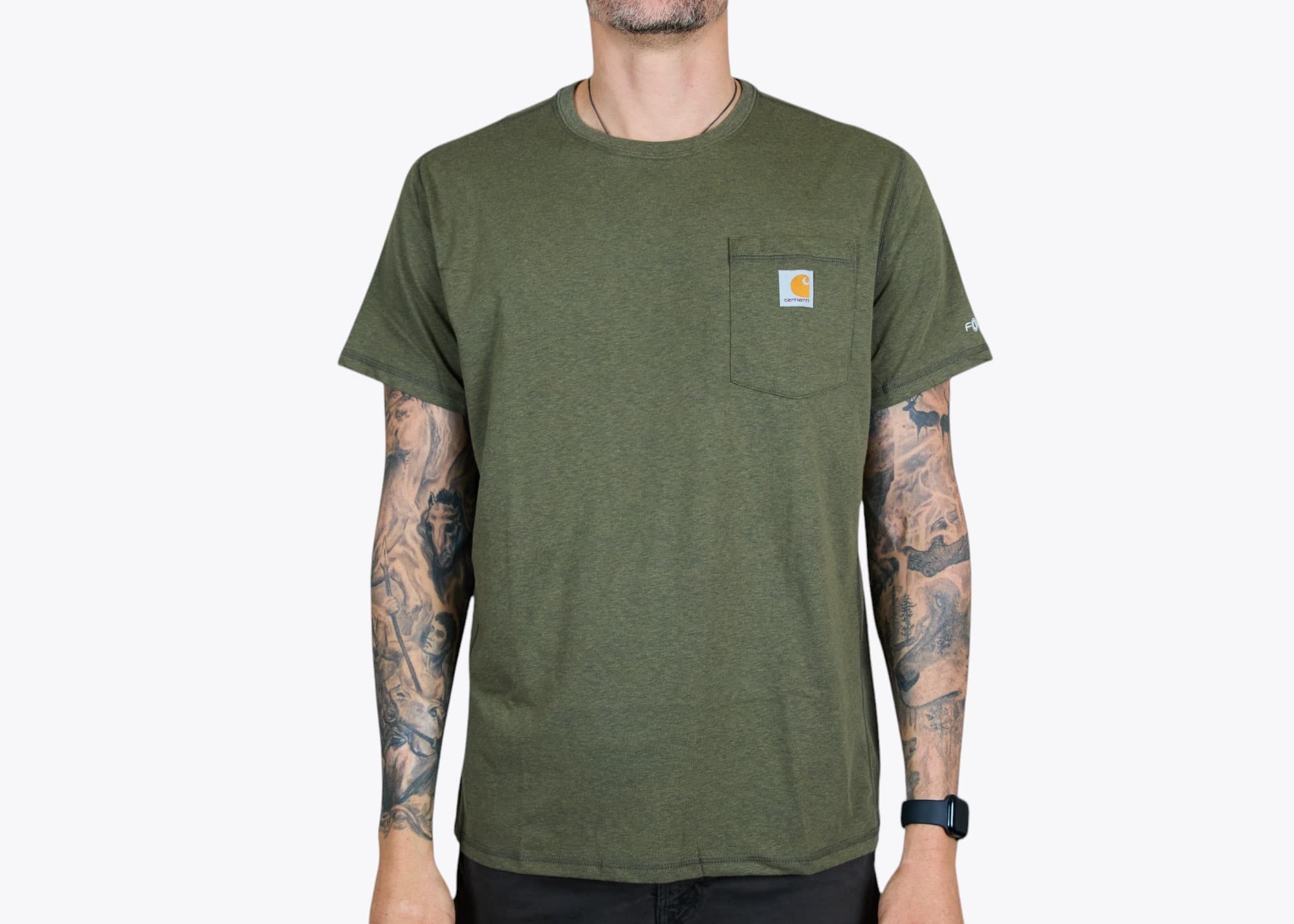 Carhartt CT106652 Carhartt Force® Short Sleeve Pocket T-Shirt in Basil Heather (model:male, size:large, view:front)