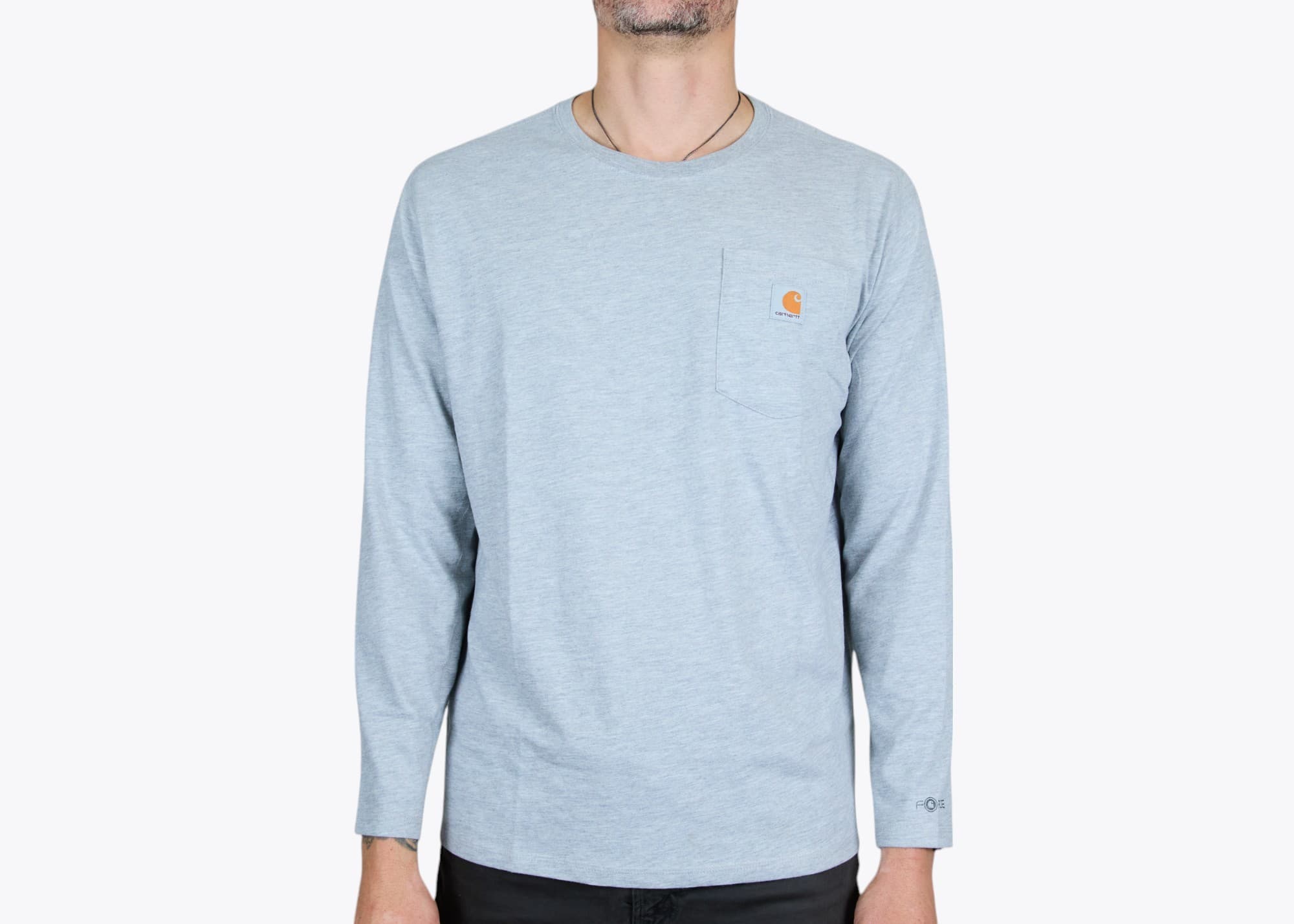 Carhartt CT106656 Carhartt Force® Long Sleeve Pocket T-Shirt in Heather Grey (model:male, size:large, view:front)