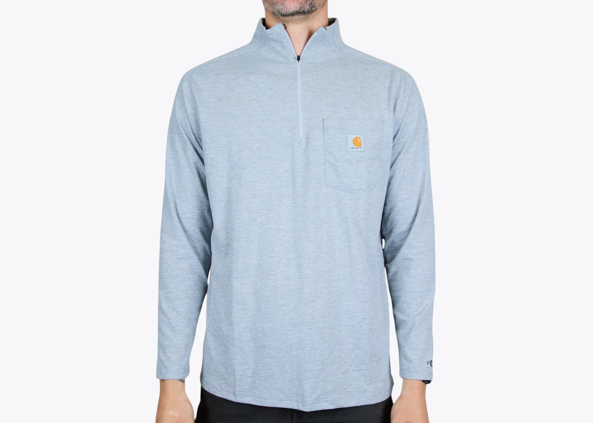 Carhartt CT106660 Carhartt Force® 1/4-Zip Long Sleeve T-Shirt in Heather Grey (model:male, size:large, view:front)