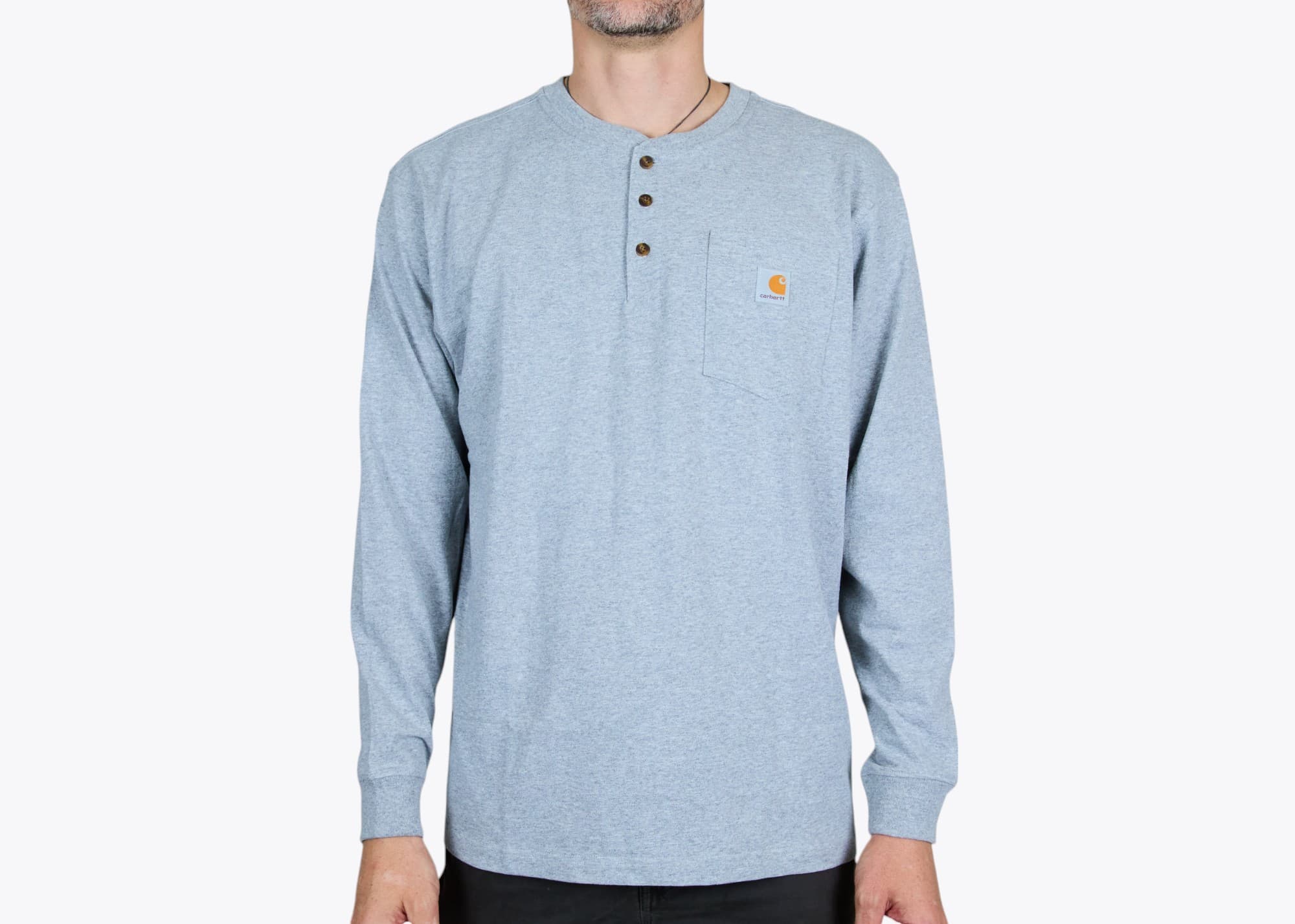 Carhartt CTK128 Long Sleeve Henley T-Shirt in Heather Grey (model:male, size:large, view:front)
