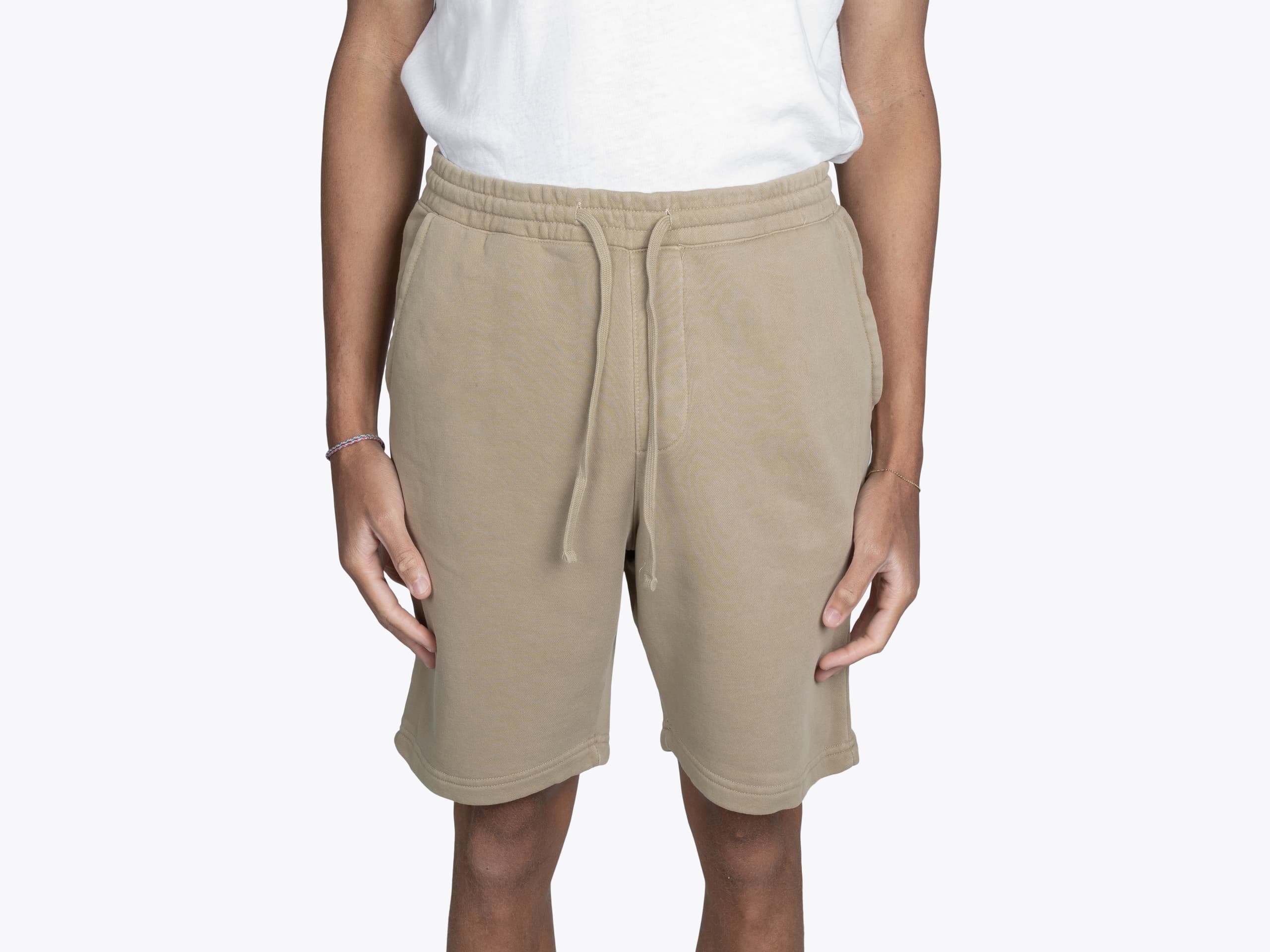 Independent Trading Co PRM50STPD Men's Pigment Dyed Fleece Shorts in Pigment Sandstone (model:male, size:medium, view:front)