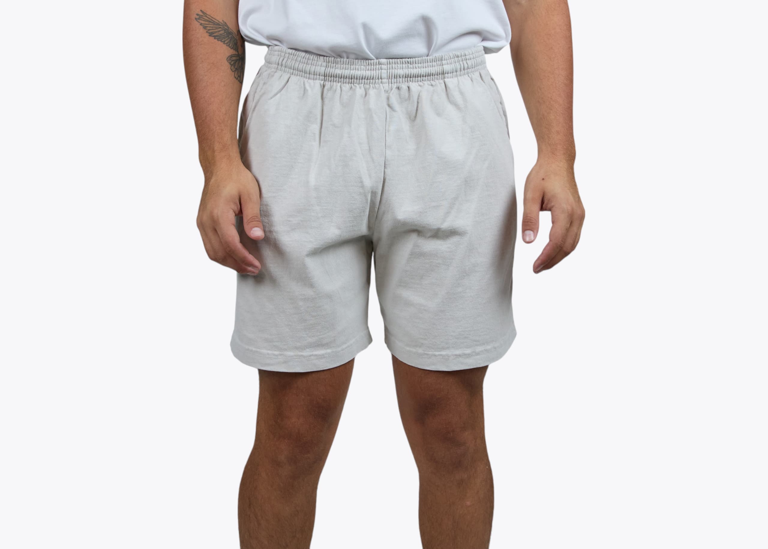 Los Angeles Apparel 1241GD Men's Heavy Jersey Mid Short in Cement (model:male, size:medium, view:front)