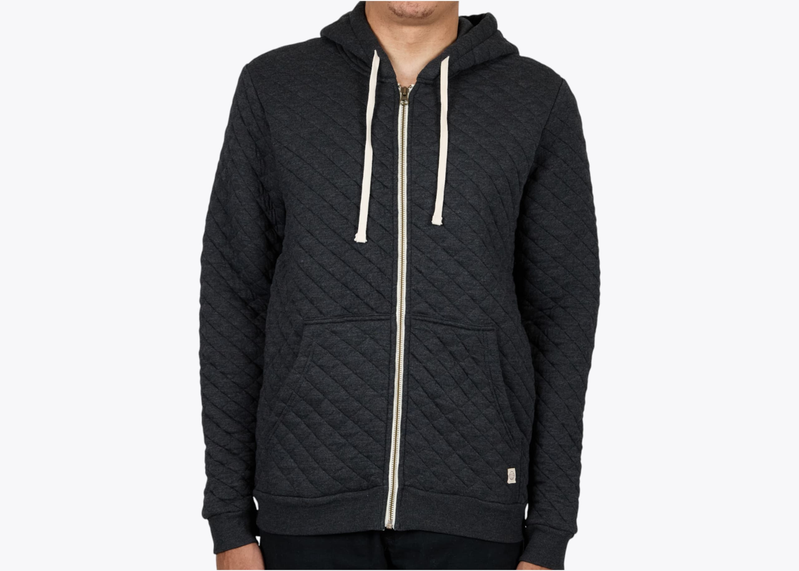 Marine Layer CFZH Men's Corbet Quilted Full Zip Hoodie in Dark Heather Grey (model:male, size:medium, view:front)