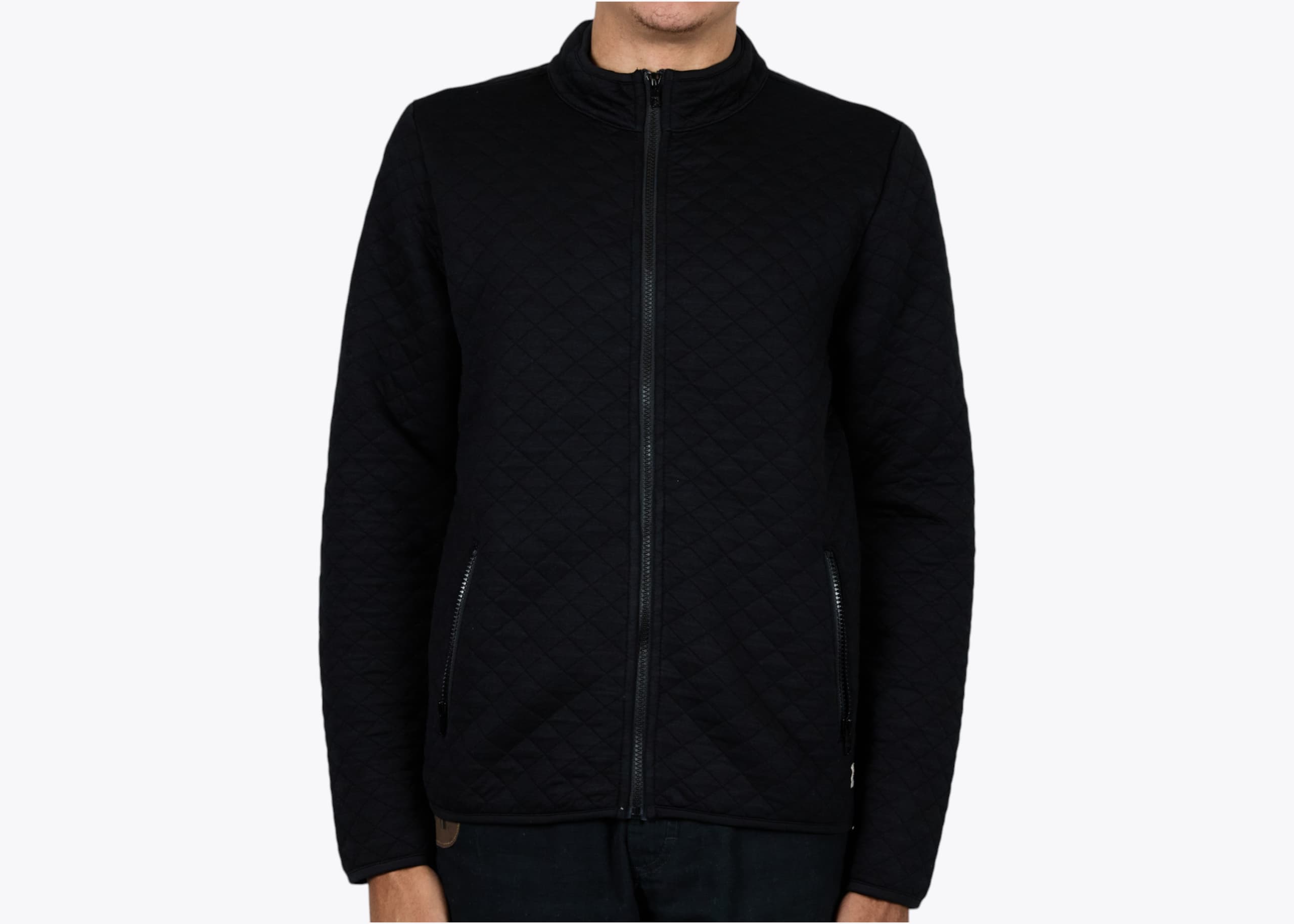 Marine Layer CFZJ Men's Corbet Full Zip Jacket in Black (model:male, size:medium, view:front)
