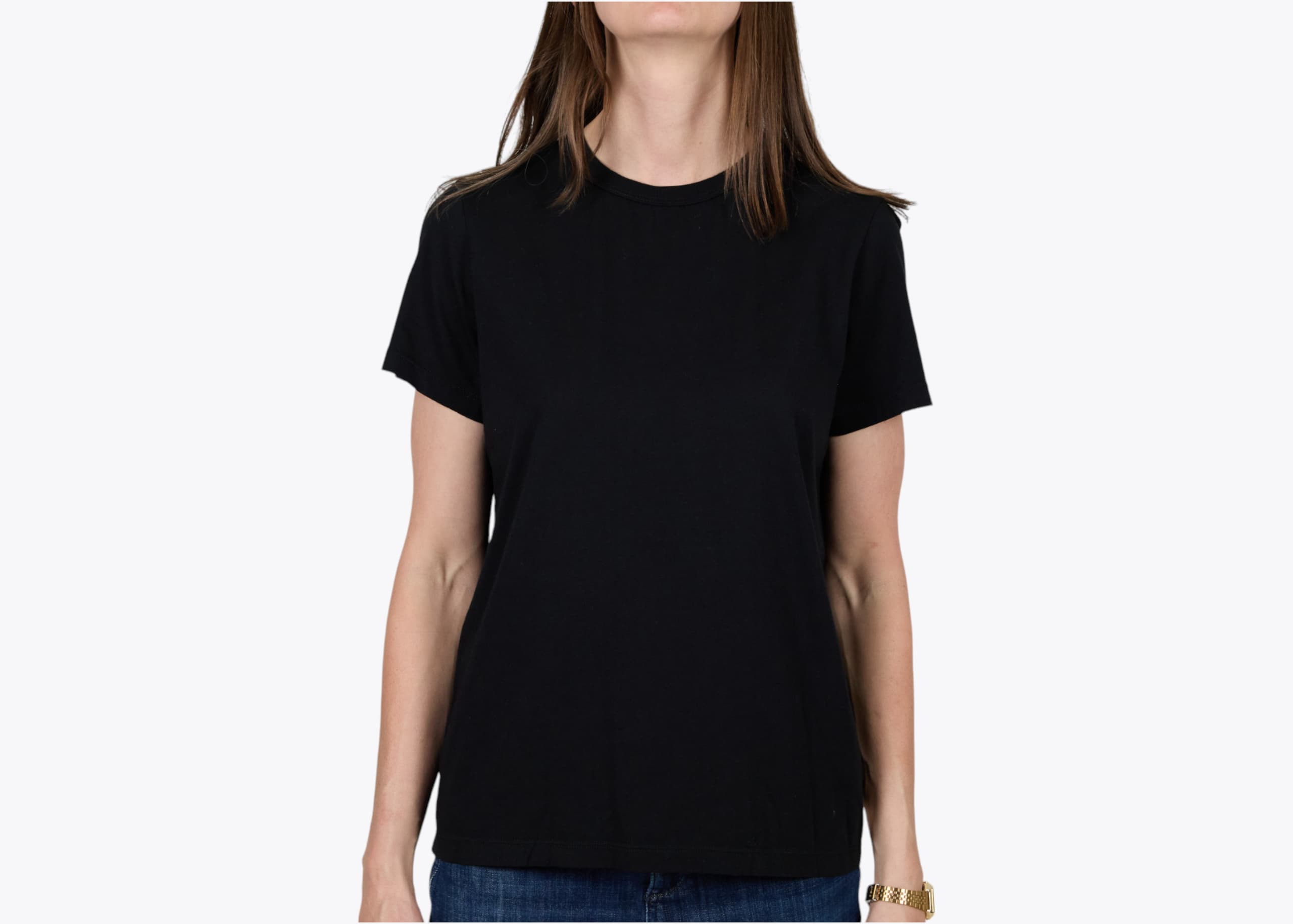 Marine Layer WSC3 Women's Signature Crewneck Tee in Black (model:female, size:small, view:front)