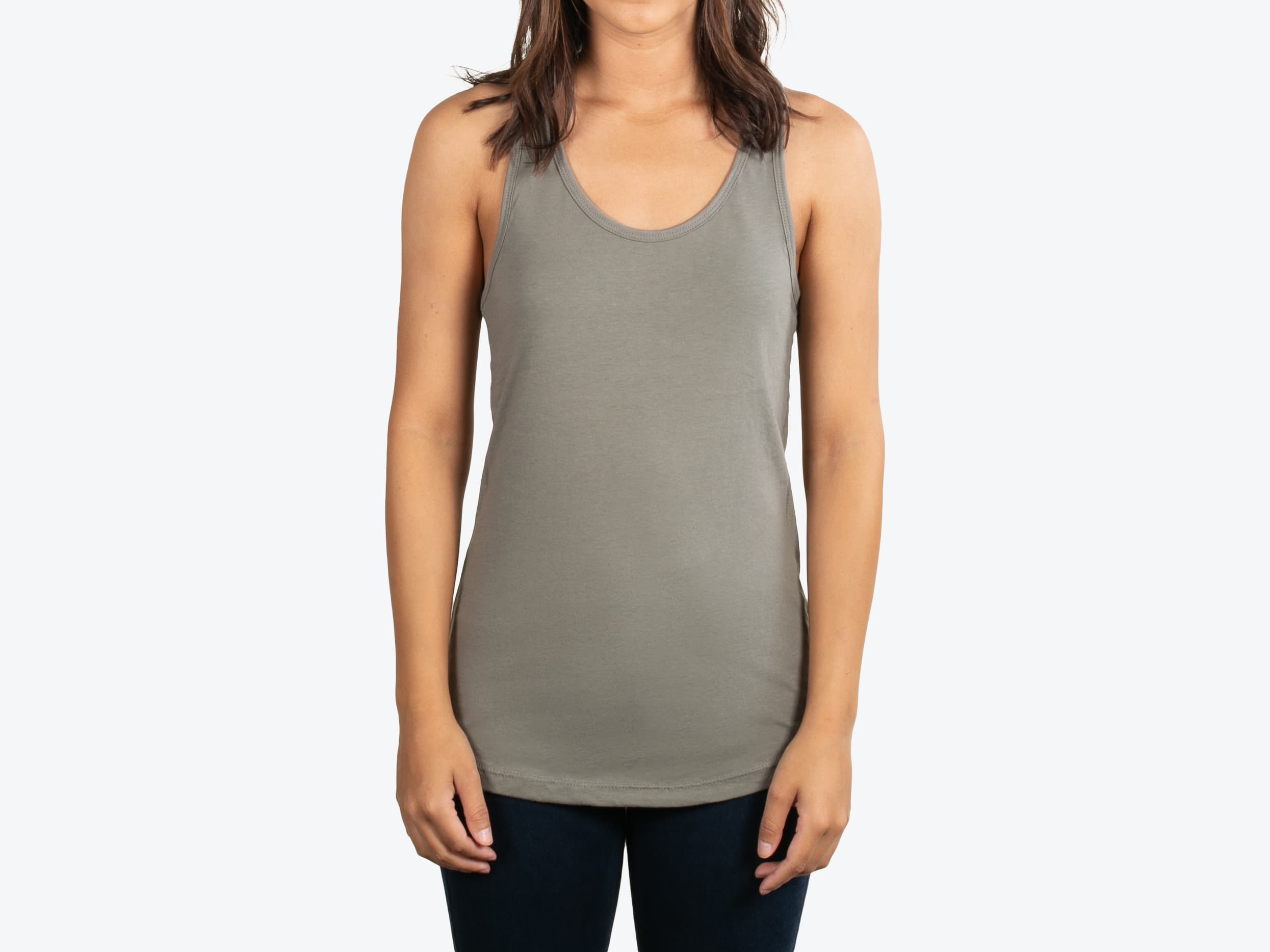 Next Level Apparel 1533 Ideal Racerback Tank in Warm Grey (model:female, size:small, view:front)