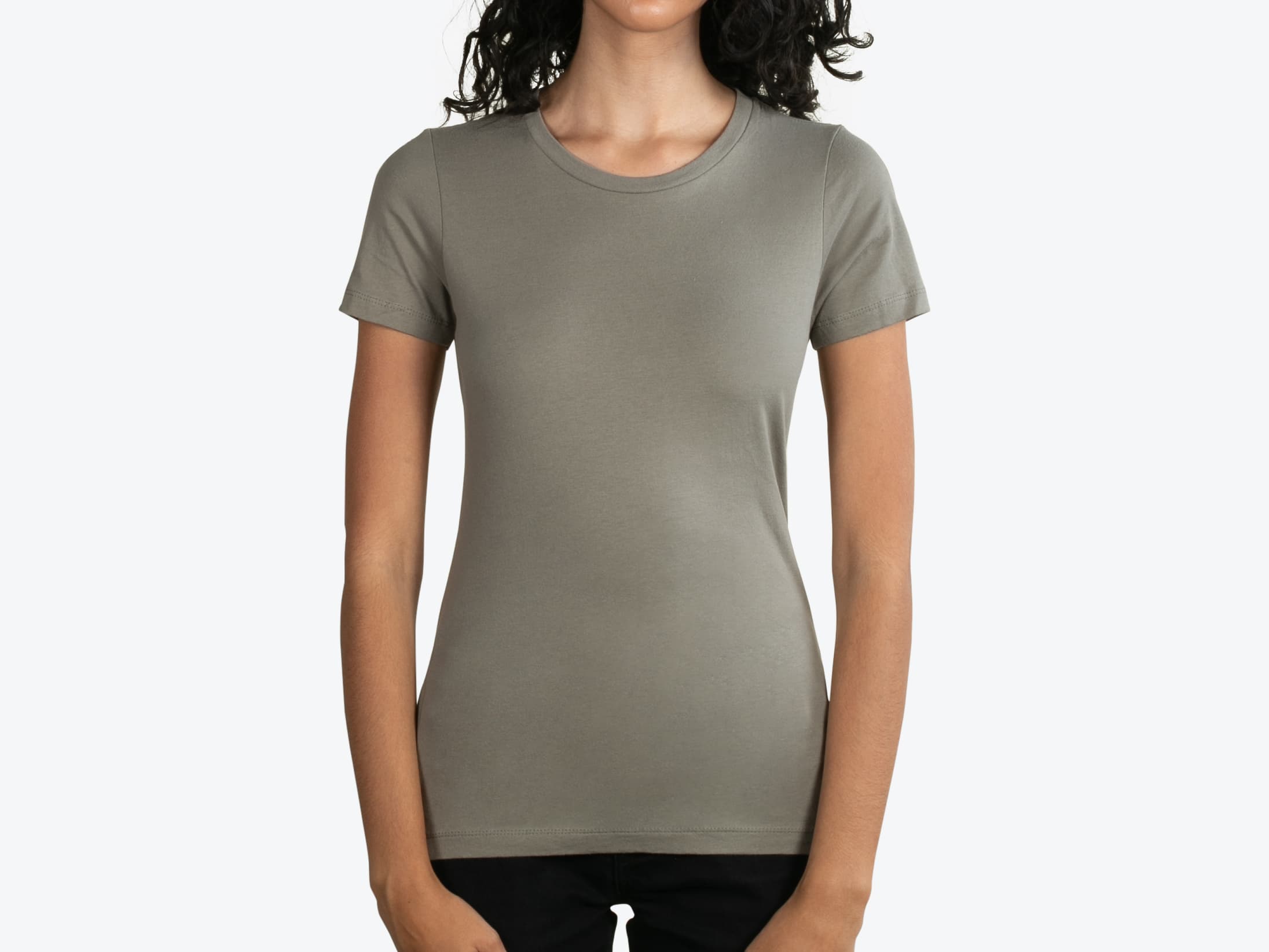 Next Level Apparel 3900 The Boyfriend Tee in Warm Grey (model:female, size:small, view:front)