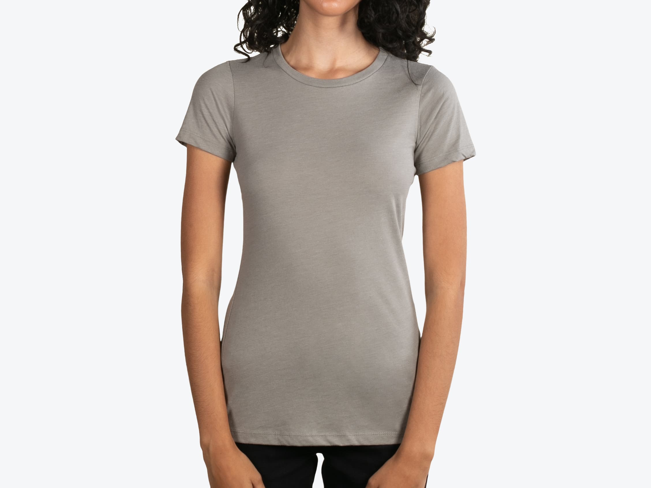 Next Level Apparel 6610 Women's CVC Tee in Stone Grey (model:female, size:small, view:front)