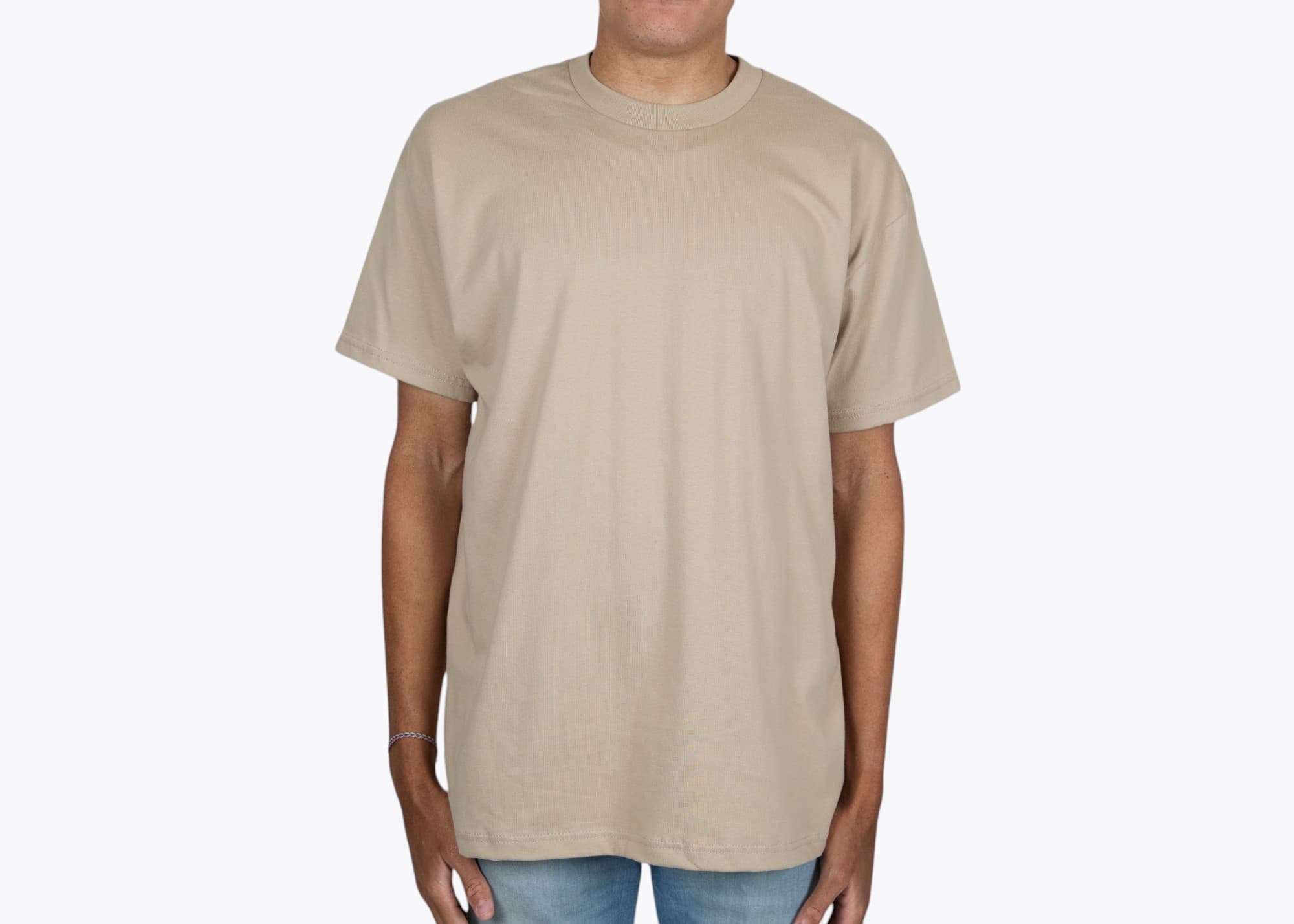 Next Level Apparel 7200 Heavyweight T-Shirt in Tan (model:male, size:medium, view:front)