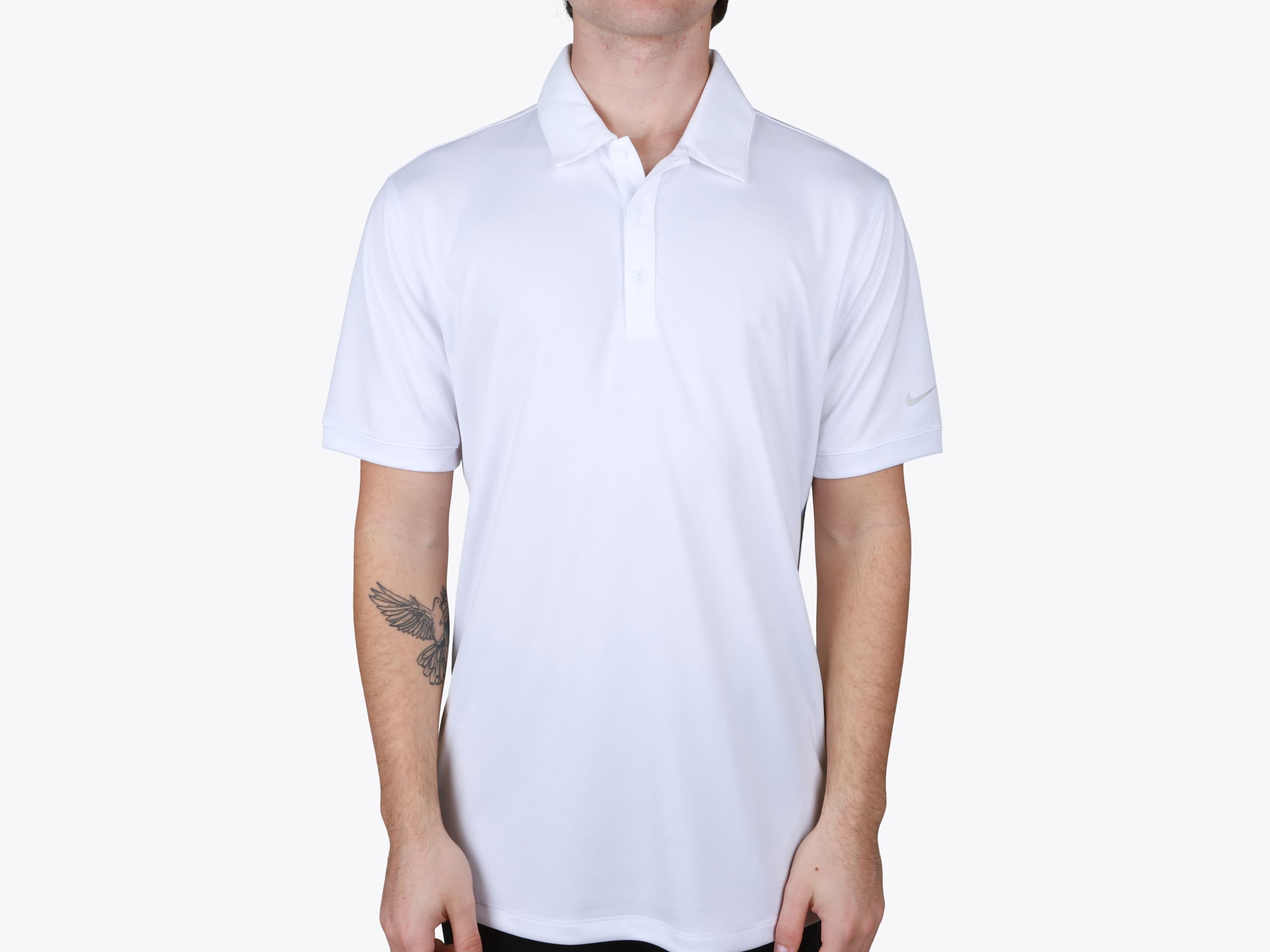 Nike 799802 Dri-FIT Players Modern Fit Polo in White (model:male, size:medium, view:front)