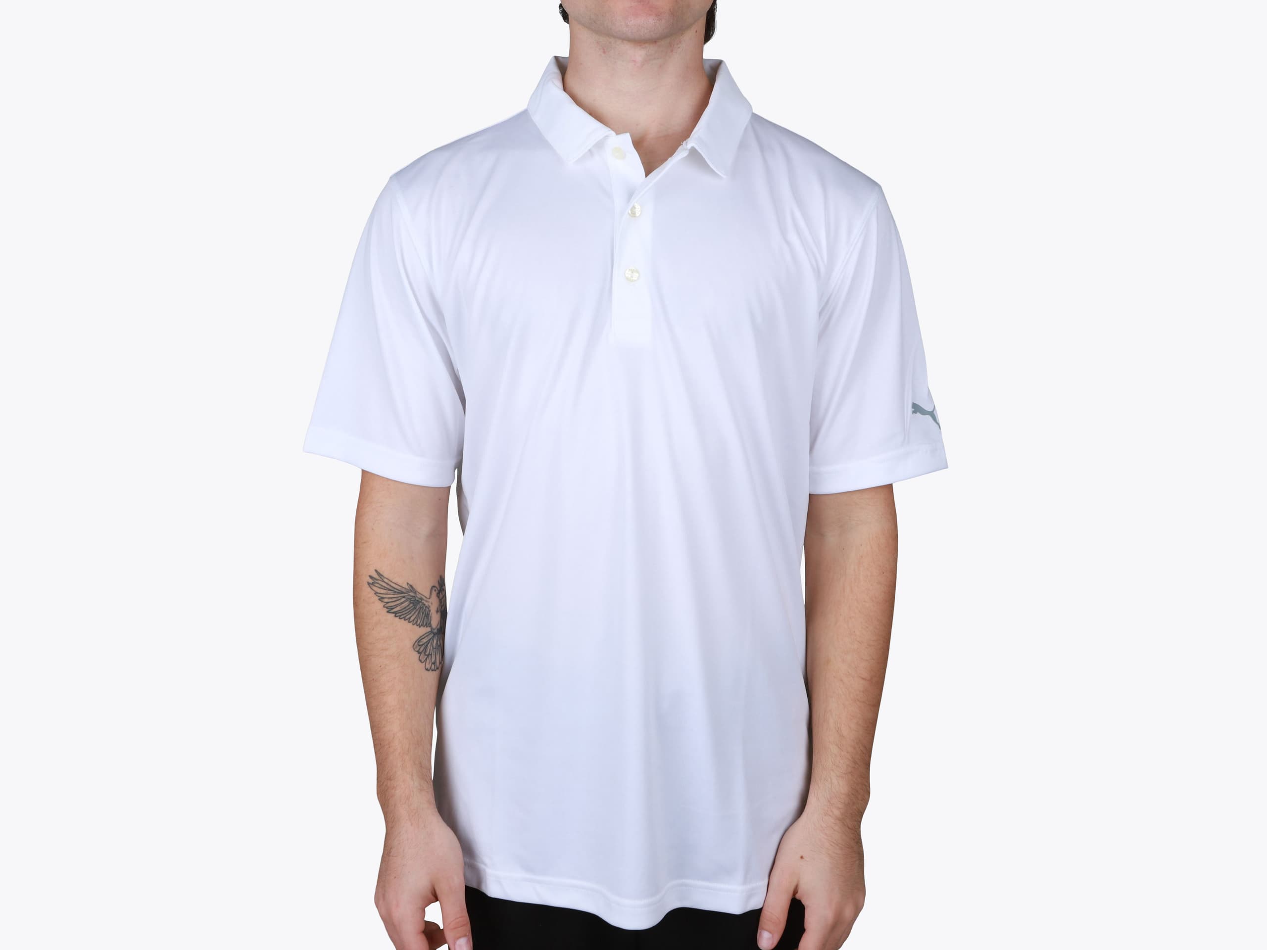 Puma 596799 Golf Men's Icon Golf Polo in Bright White (model:male, size:medium, view:front)