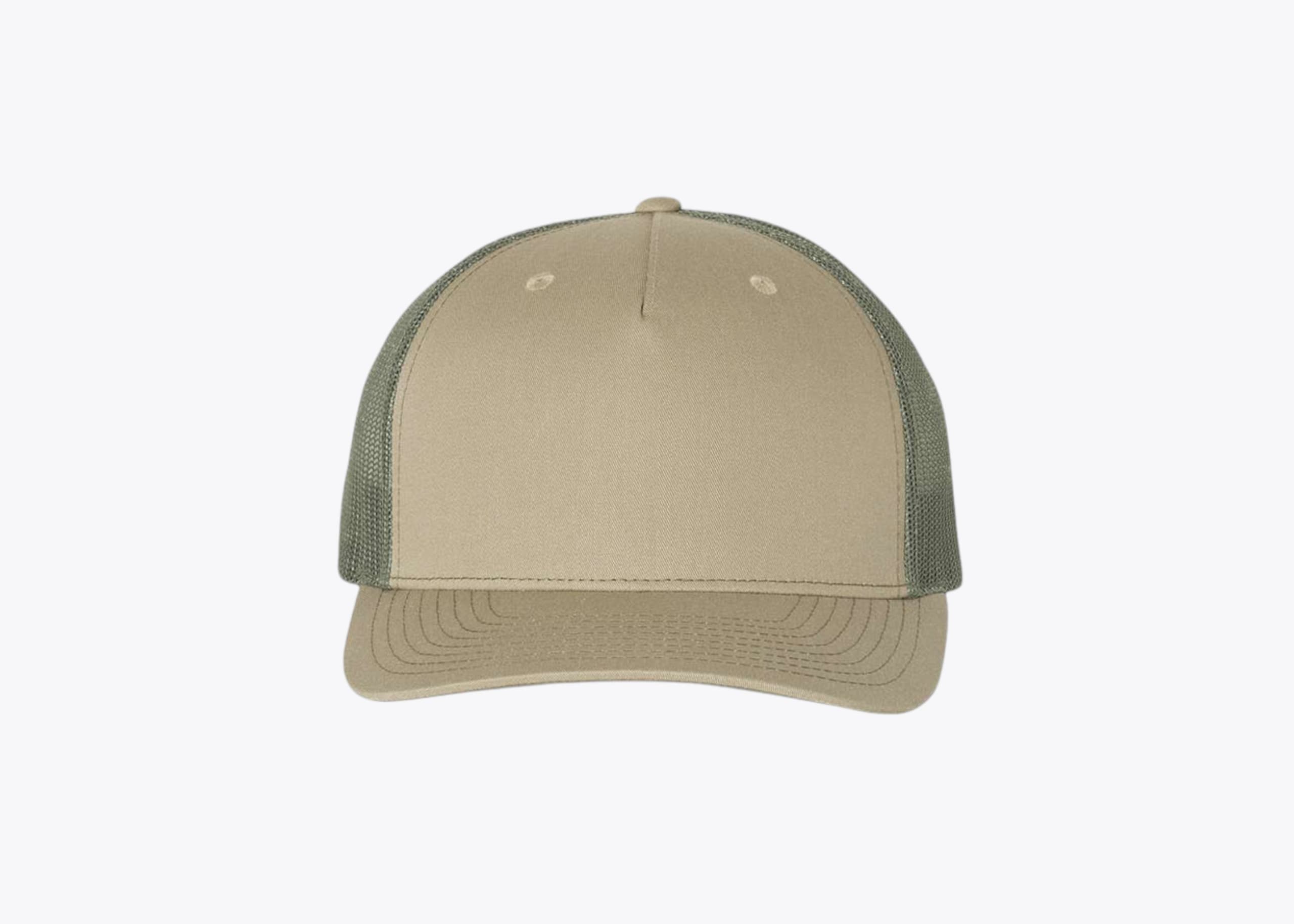 Richardson 112FP 5-Panel Trucker Cap in Pale Khaki/Loden Green (size:osfm, view:front)