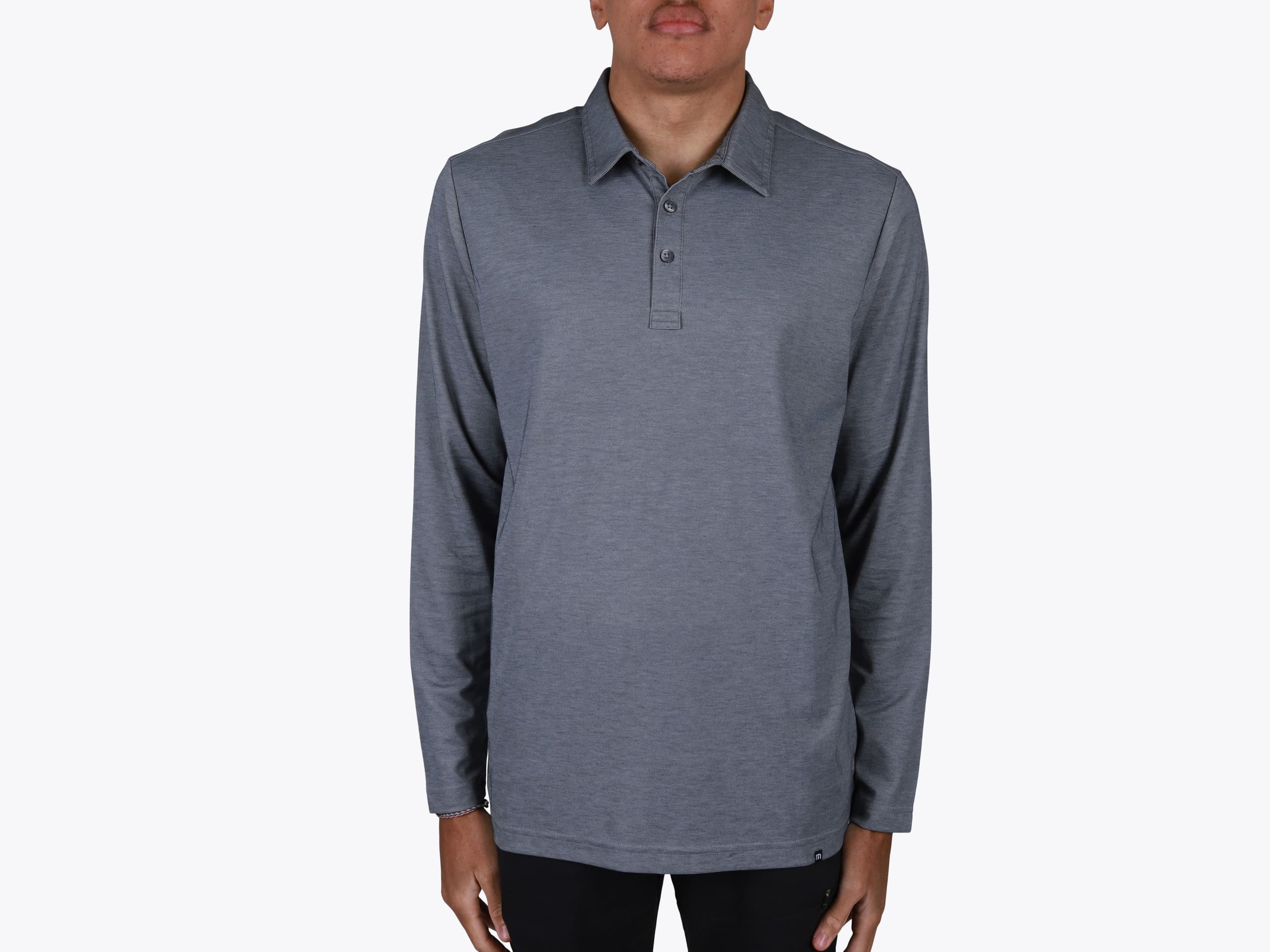 TravisMathew TM1MZ343 Oceanside Heather Long Sleeve Polo in Quiet Shade Grey Heather (model:male, size:medium, view:front)