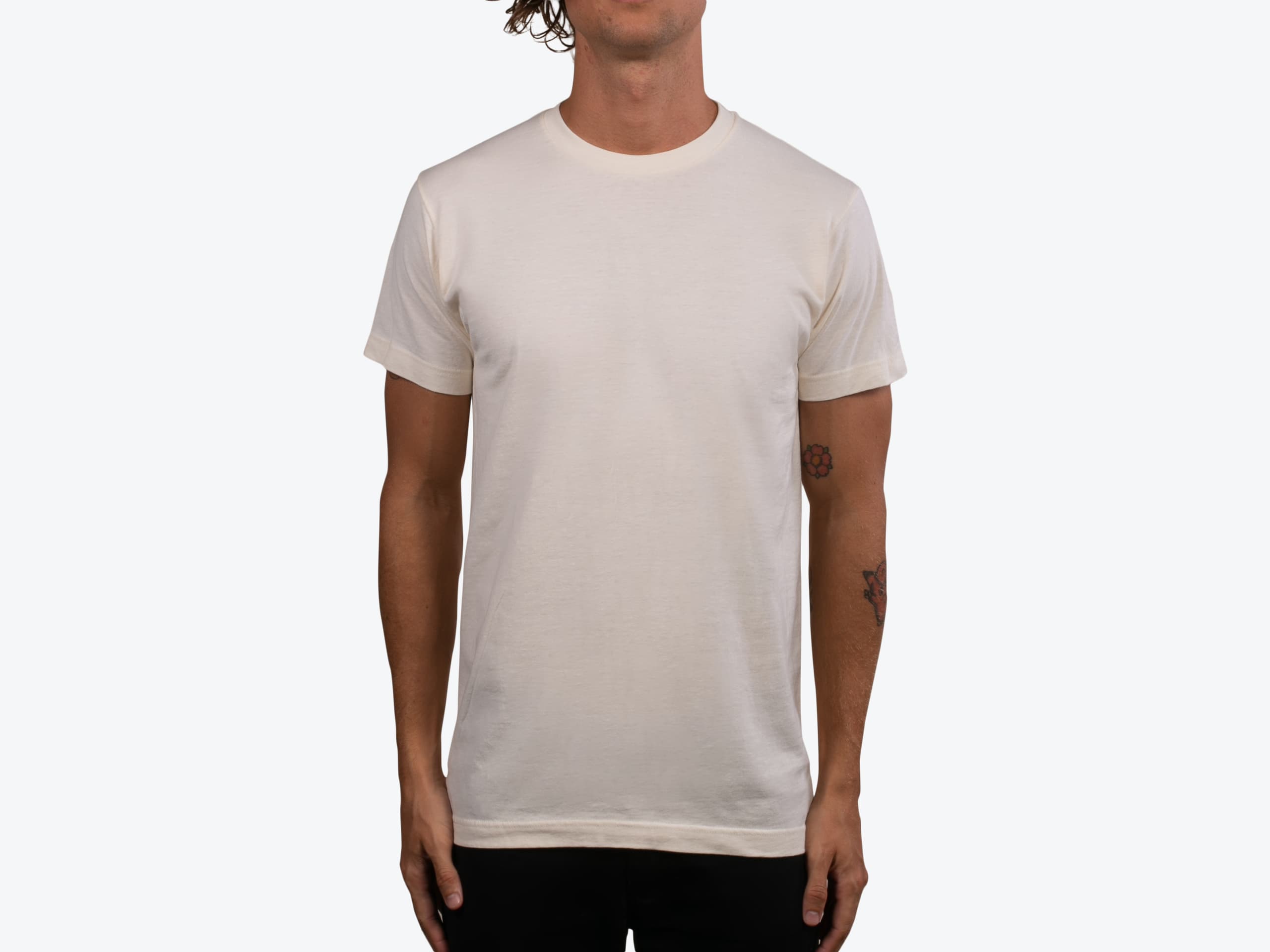 Tultex 202 Unisex Fine Jersey Tee in Natural (model:male, size:medium, view:front)