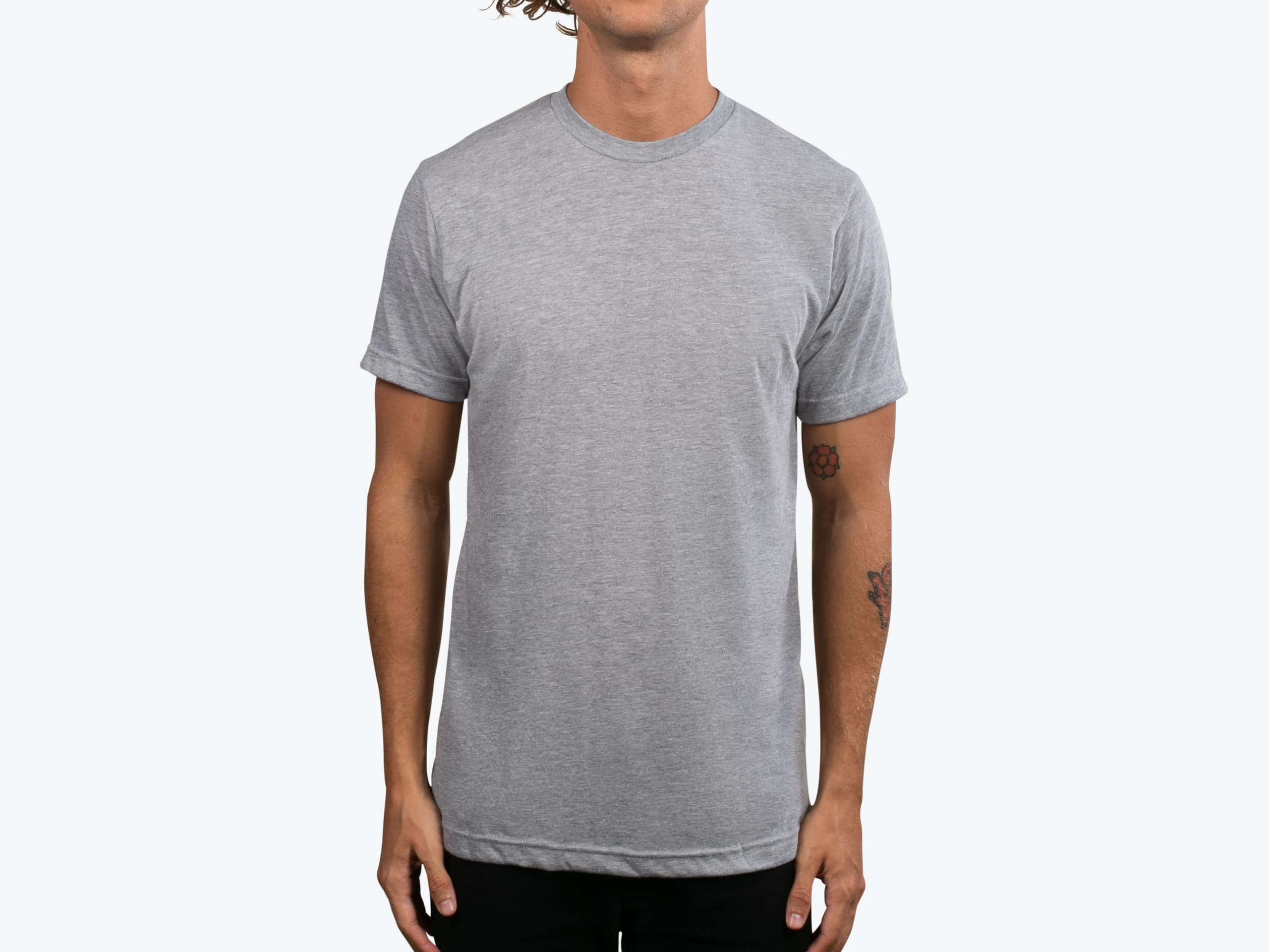Tultex 241 Unisex Poly-Rich Blend Tee in Heather Grey (model:male, size:medium, view:front)